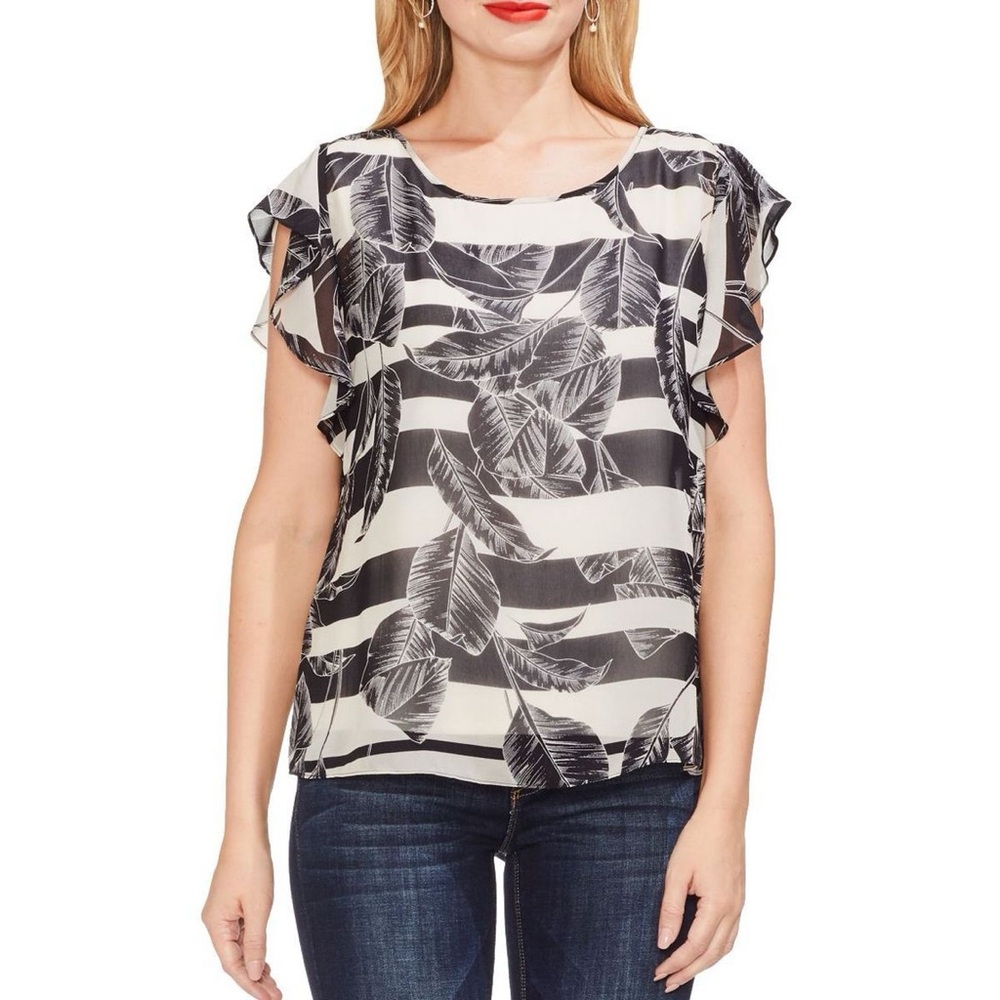 Vince Camuto Women's Black Cream Dainty Ruffle‎ Sleeve Blouse Top Shirt 2X (A1)